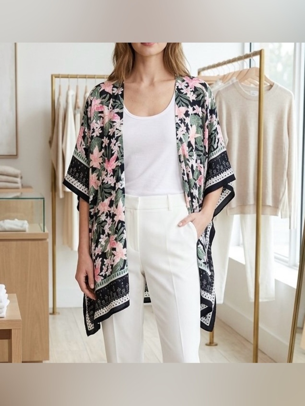 American Eagle Boho Floral Duster Kimono Cardigan Open Front Top Black Size OS